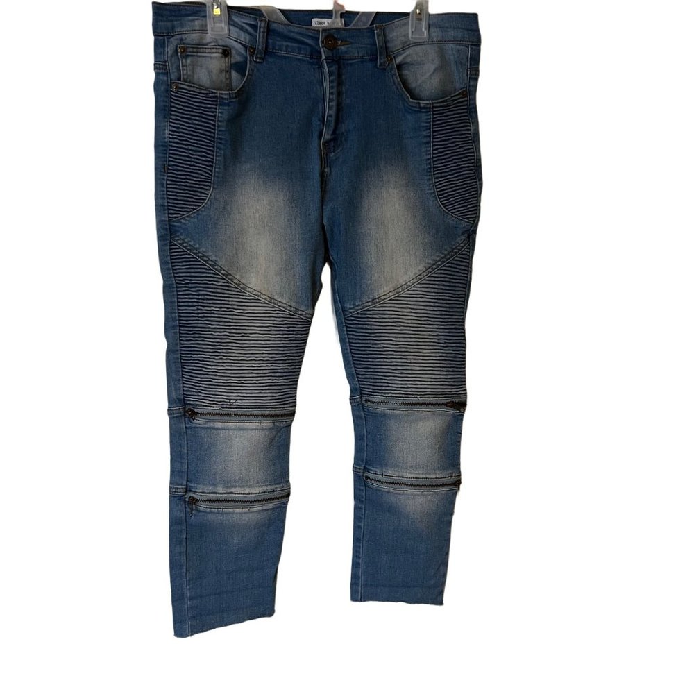 Liquor N Poker Blue Jeans Moto Zipper Raw Hem Ankle Denim Ribbed Mens Size 32